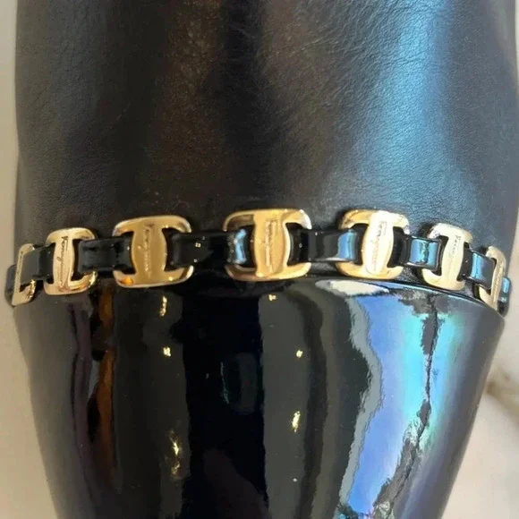 Salvatore Ferragamo | Atri Logo Gold Chain Leather Bootie - Black / Sz 9.5 - Picture 5 of 12